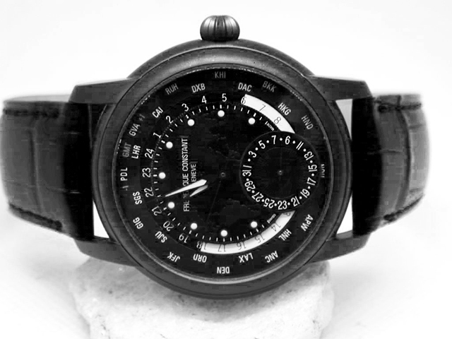 Frederique Constant Worldtimer Herrenuhr in Edelstahl schwarz mit schwarzem Zifferblatt