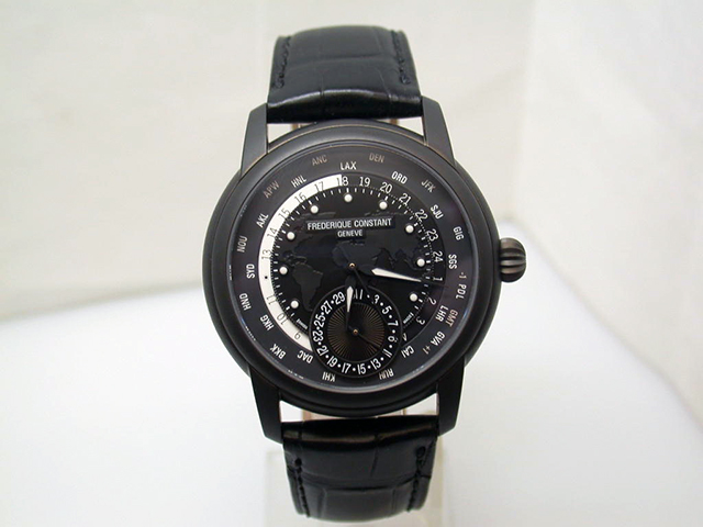 FFrederique Constant Worldtimer Herrenuhr in Edelstahl schwarz mit schwarzem Zifferblatt