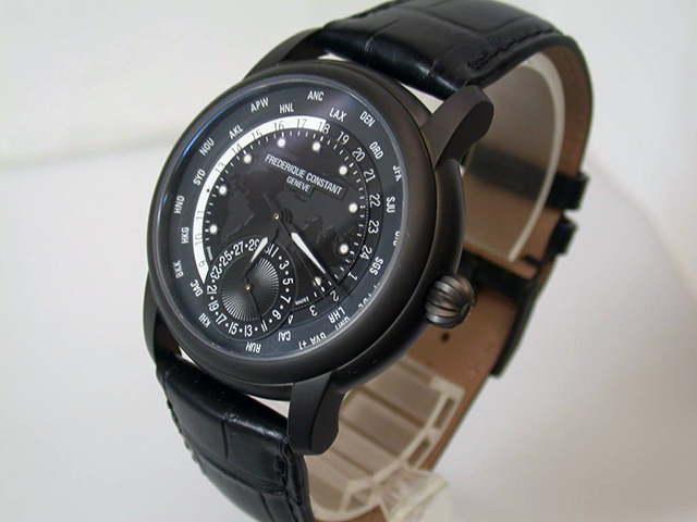 Frederique Constant Worldtimer Herrenuhr in Edelstahl schwarz mit schwarzem Zifferblatt